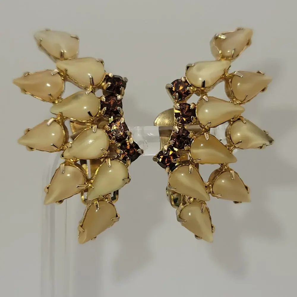 Vintage Gold-tone Clip On Earrings Frosted Pear Shaped Cabochons